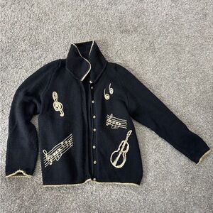 South wool music Note Cardigan Sweater with Cream Embroidery vintage